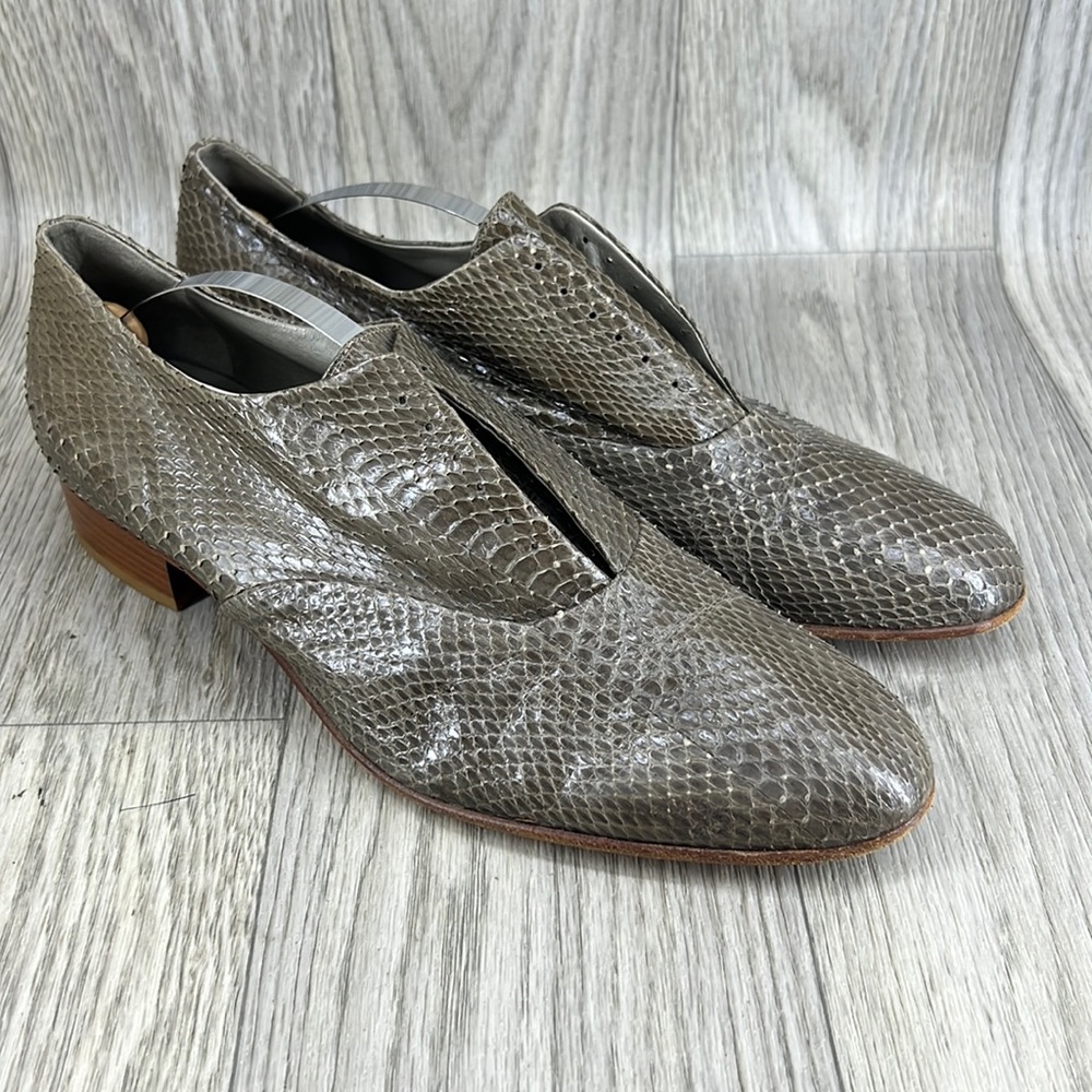 Olive Snakeskin Slip on Shoes